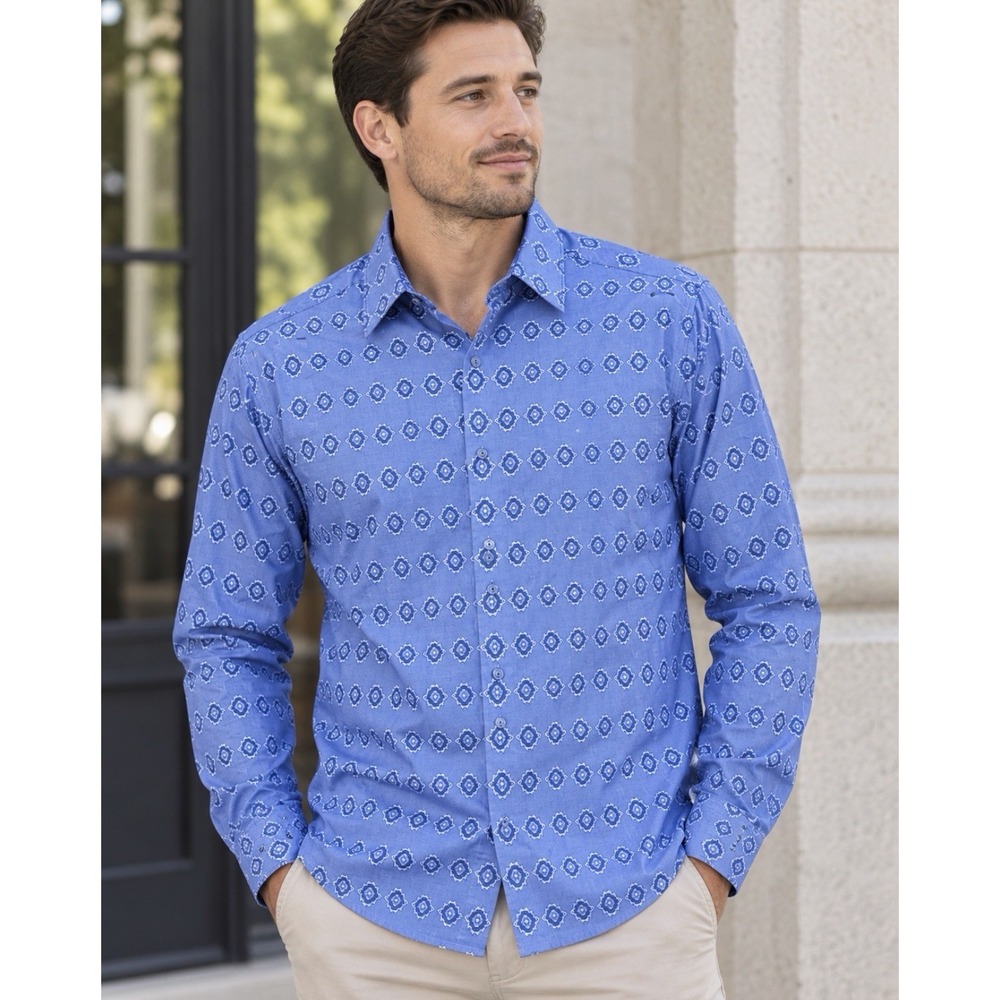 ROBERT GRAHAM Dress Shirt Men's Large Blue Geometric Long Sleeve Button Down